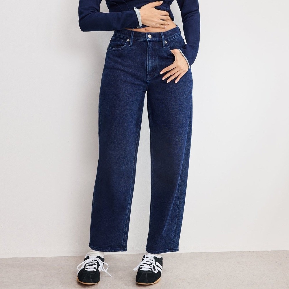 Good American Jeanius Barrel Sweatpants Women's 10 Indigo Denim Look Terry NWT